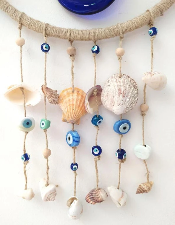 Nazar Boncuklu Hasır Deniz Kabuklu Duvar Süsü Rüzgar Çanı 11319 - 2