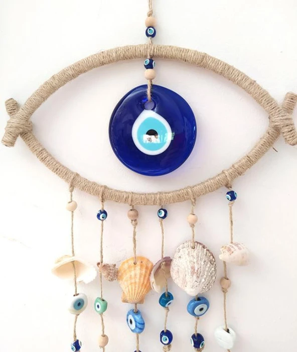 Nazar Boncuklu Hasır Deniz Kabuklu Duvar Süsü Rüzgar Çanı 11319 - 3