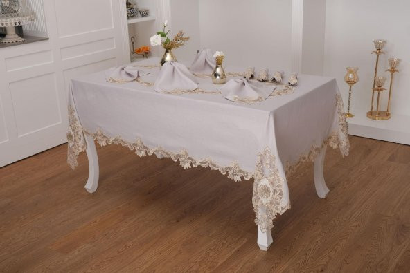 Finezza Anka Güpürlü Keten Gri Sofra Takımı 8 kişilik 160x230 cm 17 Prç. - 1164