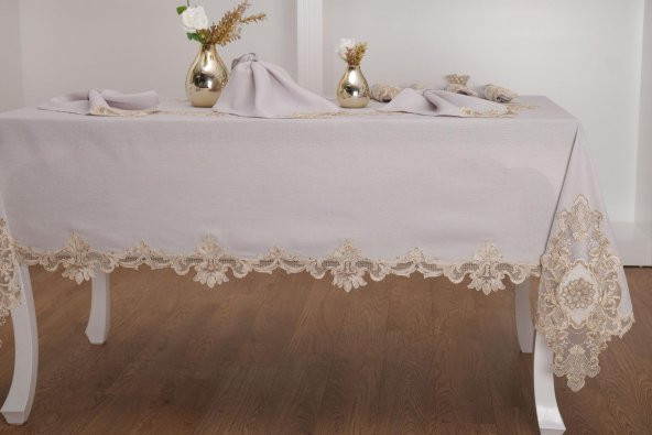 Finezza Anka Güpürlü Keten Gri Sofra Takımı 8 kişilik 160x230 cm 17 Prç. - 1164 - Resim 2