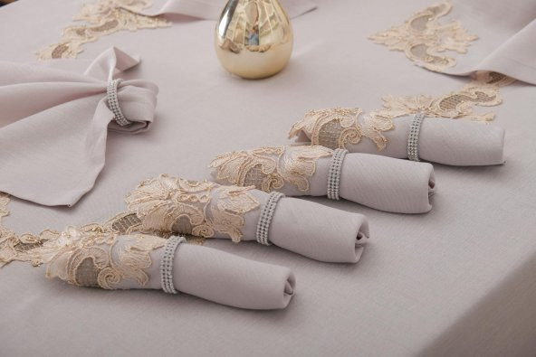 Finezza Anka Güpürlü Keten Gri Sofra Takımı 8 kişilik 160x230 cm 17 Prç. - 1164 - Resim 3