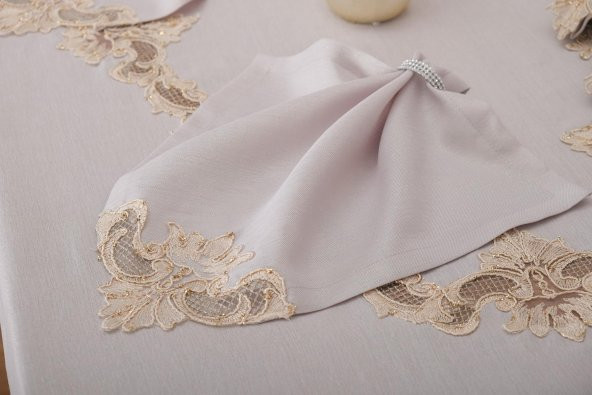 Finezza Anka Güpürlü Keten Gri Sofra Takımı 8 kişilik 160x230 cm 17 Prç. - 1164 - Resim 4