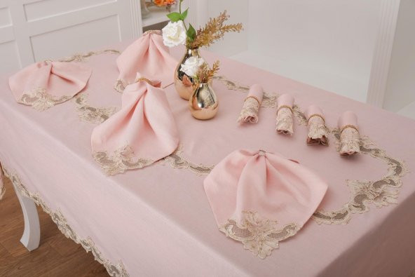 Finezza Anka Güpürlü Keten Pudra Sofra Takımı 8 kişilik 160x230 cm 17Prç. - 1165 - 3