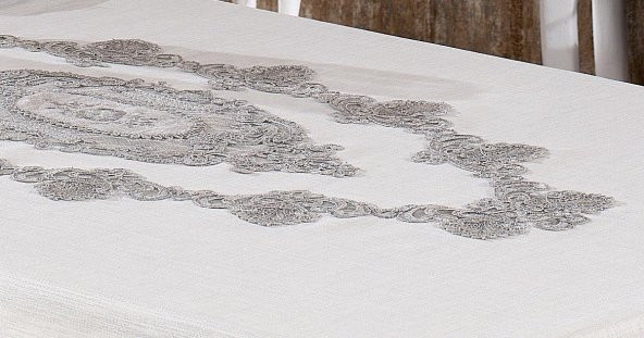 Finezza Asya Lüx Dantelli Simli Keten Kumaş Krem Masa Örtüsü 160x230 cm - 1168 - 2