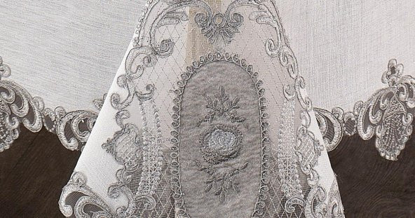 Finezza Asya Lüx Dantelli Simli Keten Kumaş Krem Masa Örtüsü 160x230 cm - 1168 - 3