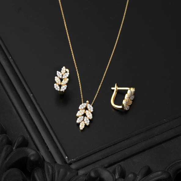 Yaprak Kolye Küpeli Altın Set - 5