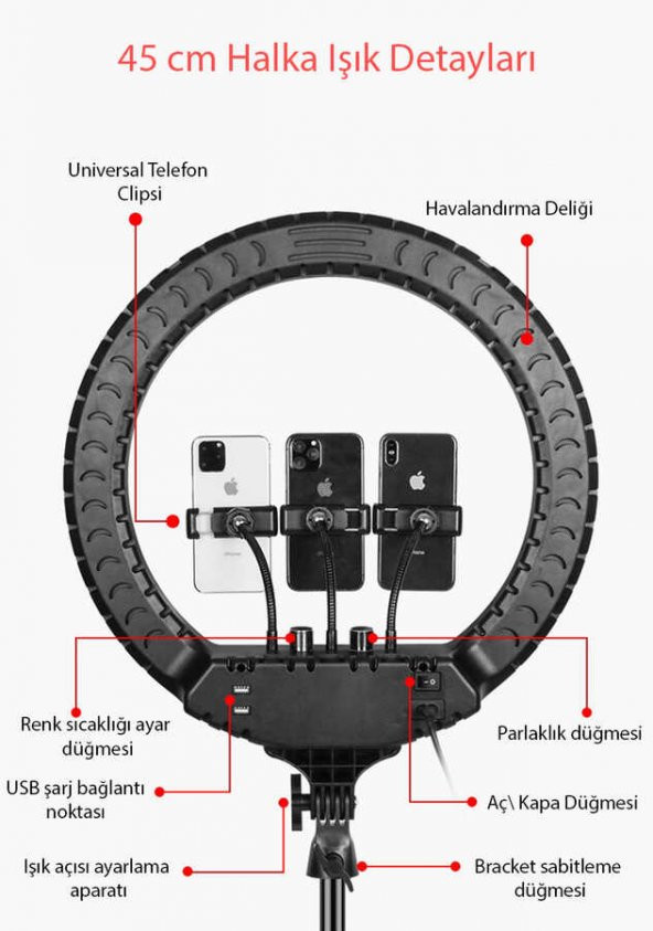 Youtuber Video Çekim Işığı Ring Light 45cm Tiktok Led Çantalı Ve Kumandalı Makyaj Güzellik 18inç - 4
