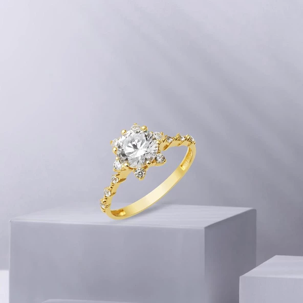 Hanımeli 14 Ayar Tektaş Altın Yüzük - Resim 3