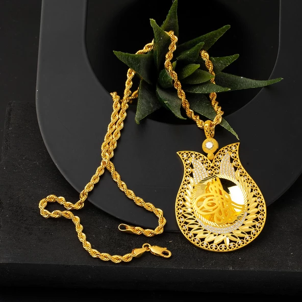 Lale Çerçeve Tuğralı Altın Kolye - Resim 4