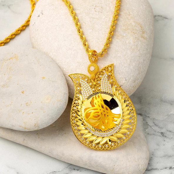 Lale Çerçeve Tuğralı Altın Kolye - Resim 3