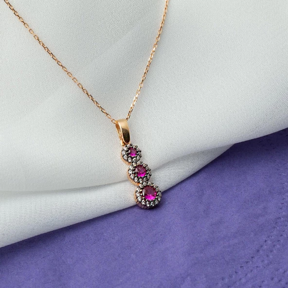 Pembe Taşlı Rose Altın Kolye - 6