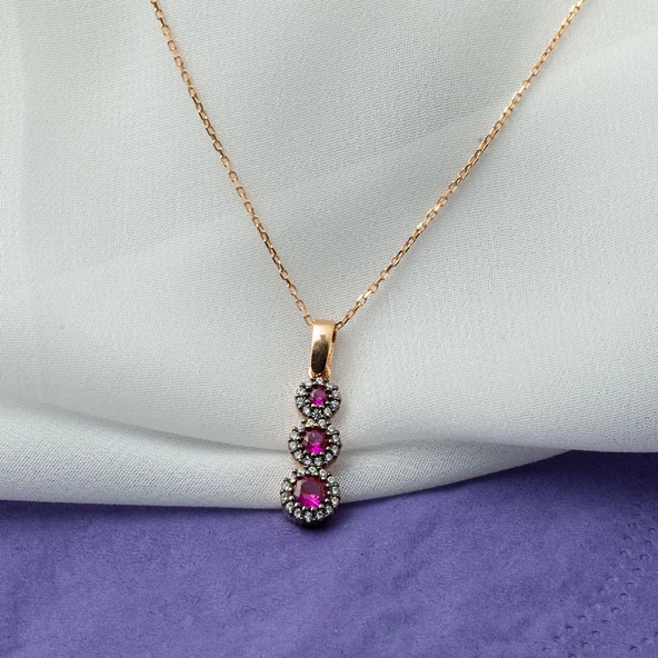 Pembe Taşlı Rose Altın Kolye - 3