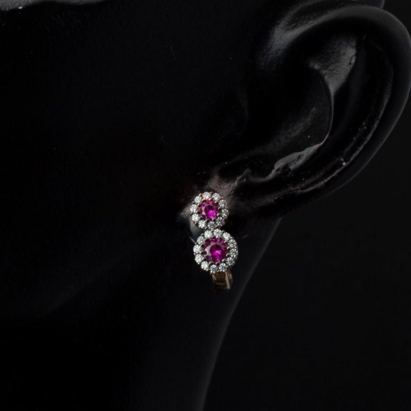 Pembe Taşlı Rose Altın Küpe - 2