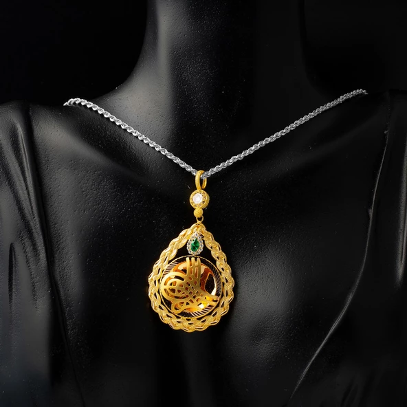 Saç Örgüsü Tuğralı Altın Kolye Ucu - Resim 2