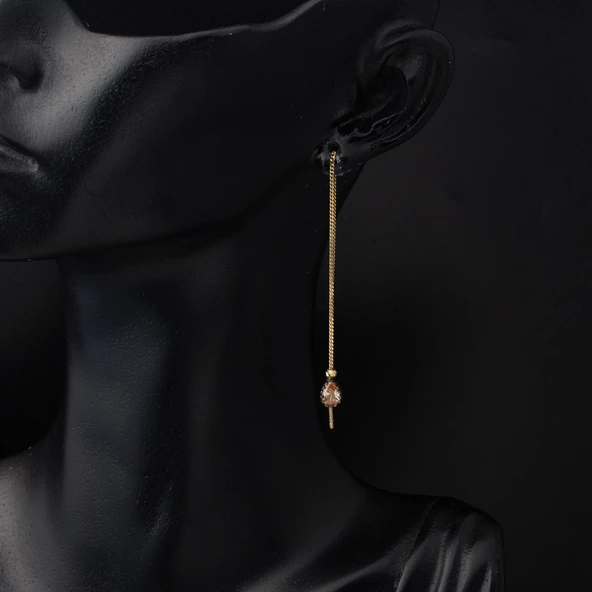 Kedi Gözü Taşlı 14 Ayar Altın Zincir Küpe - Resim 2