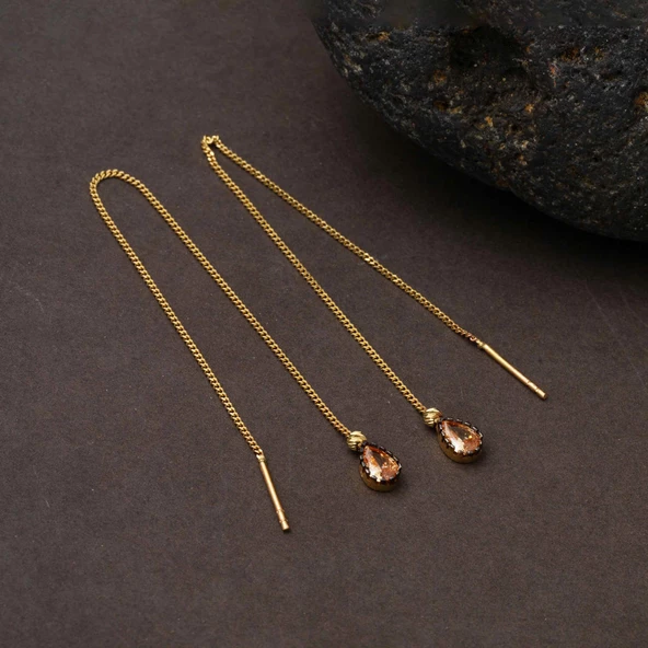 Kedi Gözü Taşlı 14 Ayar Altın Zincir Küpe - Resim 4