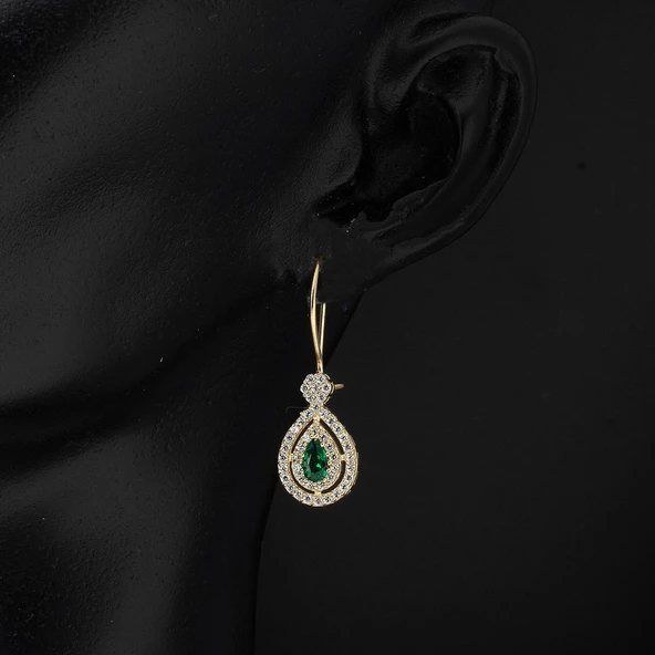 Yeşil Damla Taşlı Altın Küpe - Resim 2