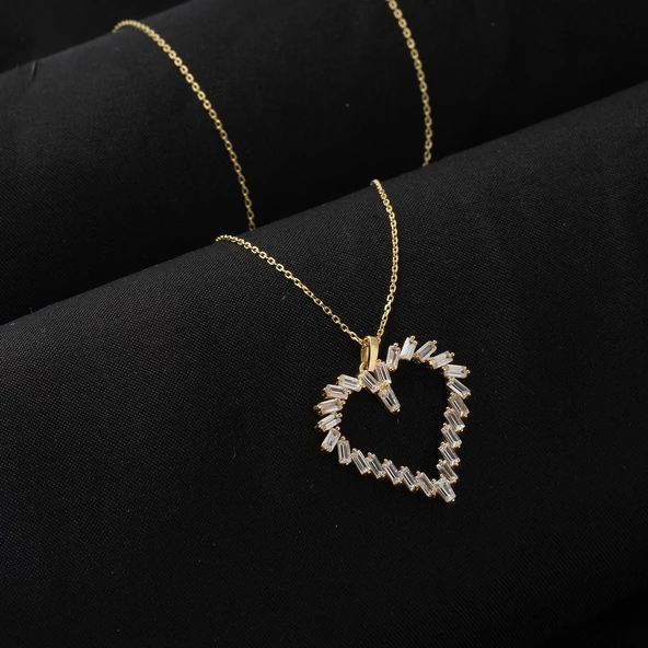 Baget Taşlı 14 Ayar Altın Kalpli Kolye - Resim 3