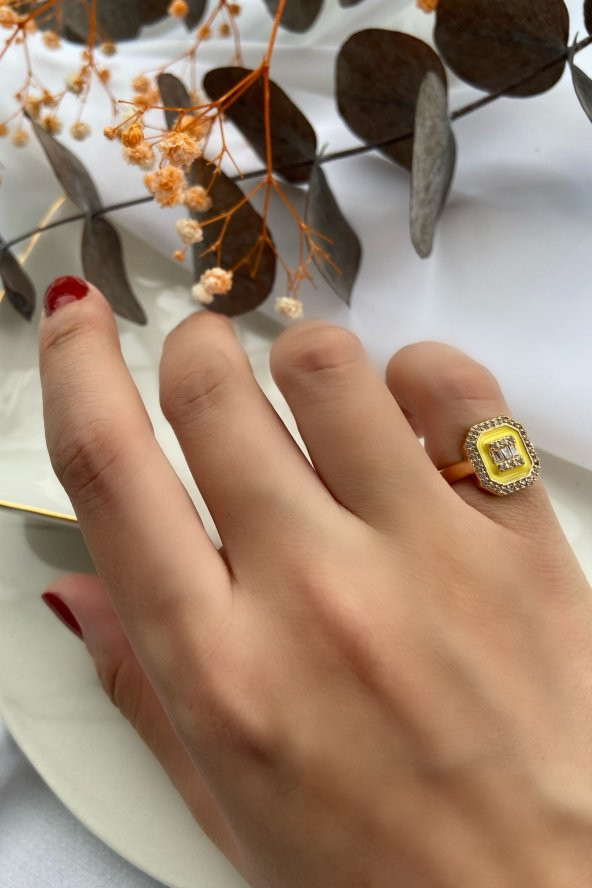Sarı Mineli Kenarı Zirkon Taşlı Yüzük - 4