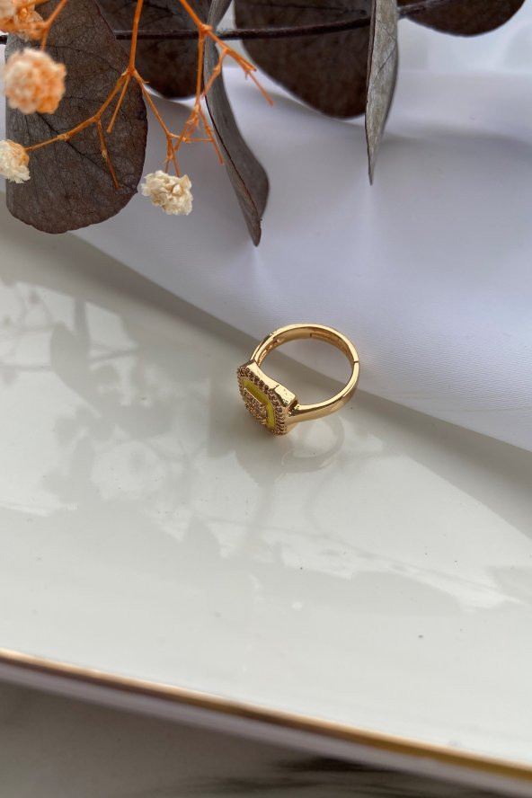 Sarı Mineli Kenarı Zirkon Taşlı Yüzük - 11