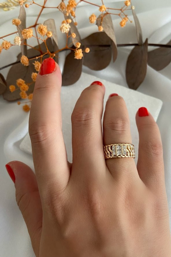 Zincir Desen Üzeri Baget Taşlı Yüzük - 4