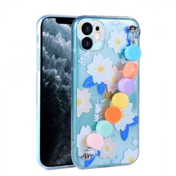 Apple iPhone 11 Kılıf Şeffaf Desenli Boncuk Tutacak Tasarımlı Kapak