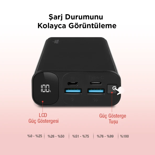 mojue by ttec PB06 20.000mAh 20W PD-QC USB-C iPhone Hızlı Şarjlı Akım Korumalı LCD Ekranlı Powerbank - 5