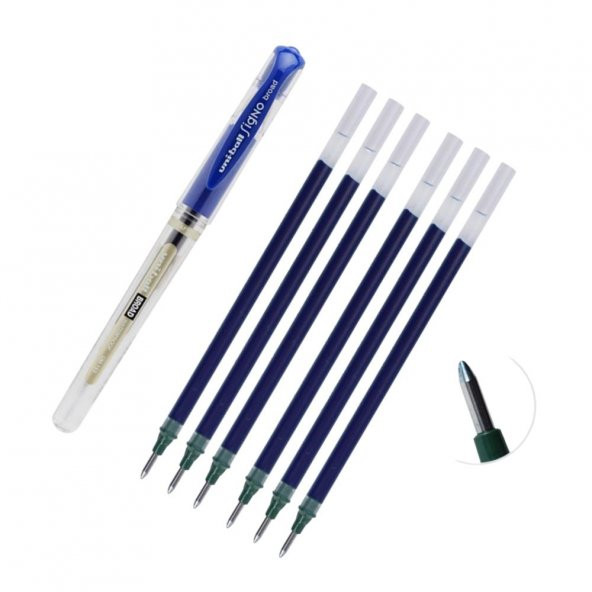 Mavi İmza Kalemi 1 Adet ve Yedeği 6 Adet Um-153 Signo Broad Roller Kalem Yedeği 1,0 Mm