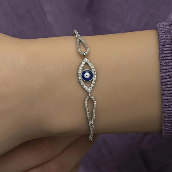 Zirkon Taşlı Nazar Boncuklu Göz Gümüş Bayan Bileklik - 2