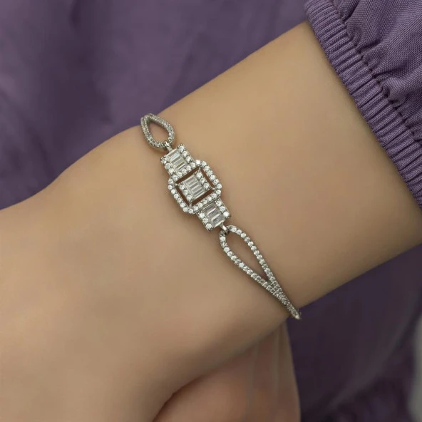 Zirkon Süslemeli Baget Taşlı Gümüş Bayan Bileklik - 7
