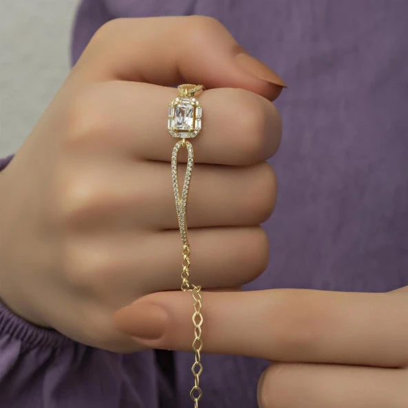 Altın Kaplama Baget Taşlı Gümüş Bayan Bileklik - 8