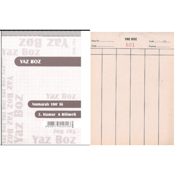 YazBoz Numaralı 3.Hamur 100 sayfalı 6 bölmeli 10 lu armat