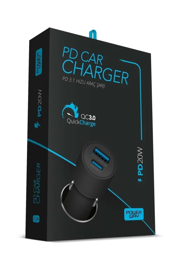 Powerway Araç Şarj Başlığı 3.1 A Type C-Usb