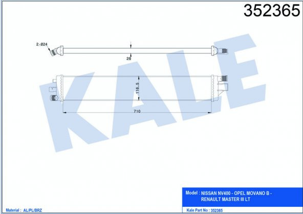 KALE 352365-TURBO RADYATÖRÜ INTERCOOLER NV400-MOVANO B-MASTER III LT 2.3CDTI 10 İLAVE SOĞUTU