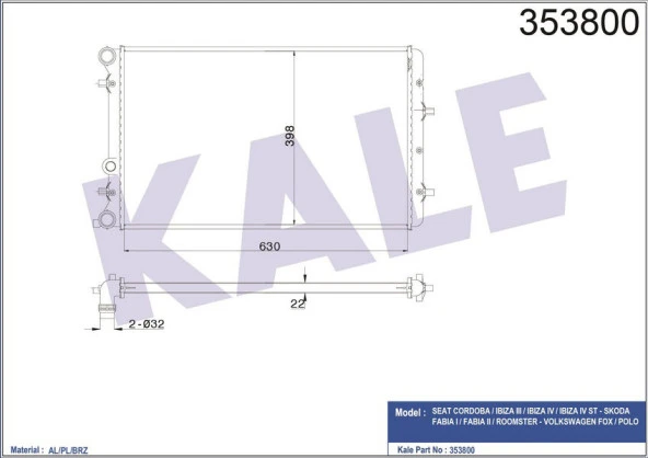 KALE SU RADYATÖRÜ POLO-FABIA ASZ 1.4TDI 04-10 630X398X22 AL-PL-BRZ