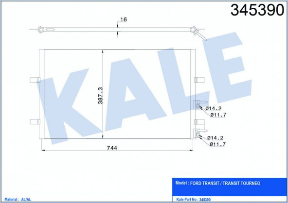 KALE 345390-KLİMA RADYATÖRÜ KONDENSER FORD TRANSİT 2.2 TDCİ-2.4 TDCİ 06 839x391x16 AL/AL