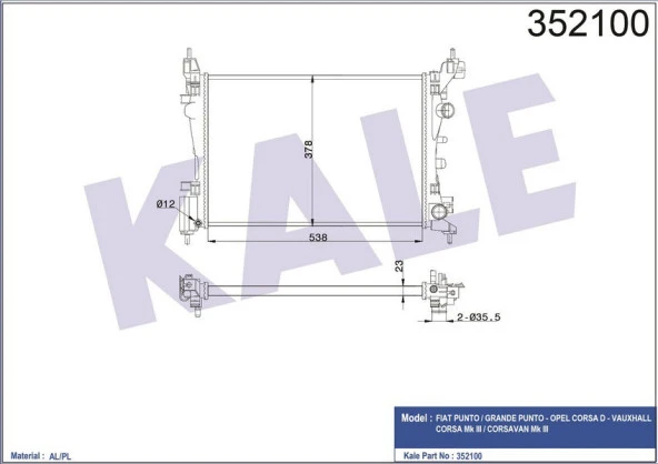 KALE SU RADYATÖRÜ PUNTO-GRANDE PUNTO-CORSA D 1.2-1.4 538x378x23 AL-PL