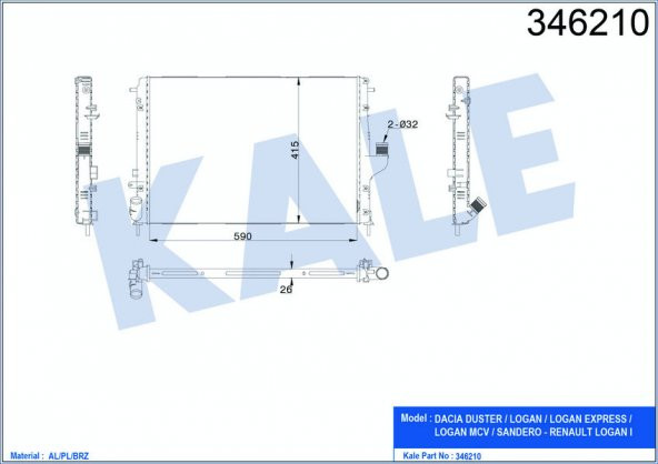 KALE 346210-SU RADYATÖRÜ DACIA DUSTER 10 LOGAN 05 1.5 DCİ Mek.Şanz. / AC AL/PL/BRZ