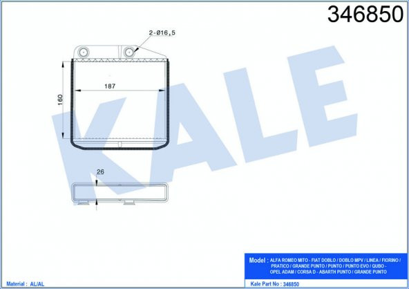 KALE 346850-KALORİFER RADYATÖRÜ MITO-DOBLO III-LINEA-FIORINO-PRATICO-GRANDE PUNTO-QUBO-CORSA