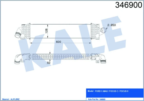 KALE TURBO RADYATÖRÜ INTERCOOLER FOCUS-CMAX 1.6TDCI 03 600x128x50 AL-PL-BRZ