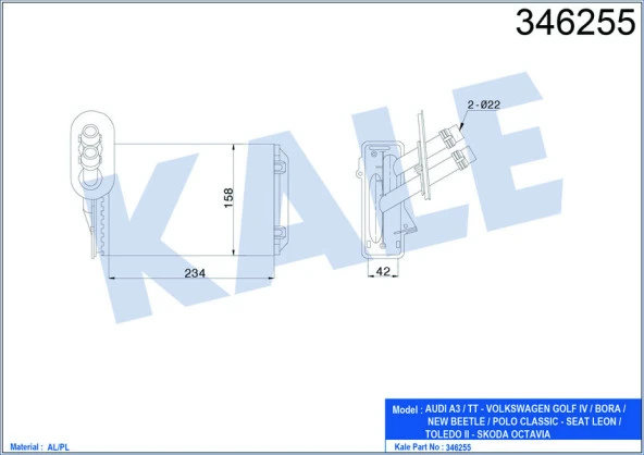 KALE KALORİFER RADYATÖRÜ A3-TT-BORA-GOLF 4-OCTAVIA-TOLEDO II-LEON-1.61.9TDI-2.3 V5-2