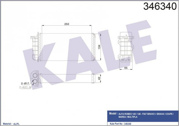 KALE 346340-KALORİFER RADYATÖRÜ BRAVO 95-01 BRAVA 95-01 MAREA 96-02 250x140x42