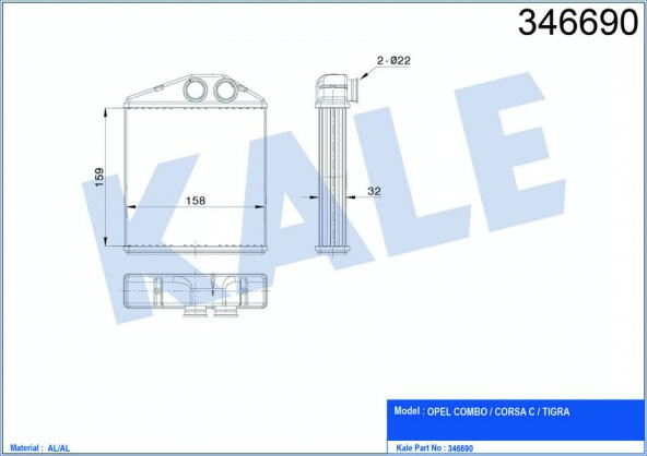 KALE 346690-KALORİFER RADYATÖRÜ CORSA C-TIGRA TWINTOP 1.2-1.4-1.8-1.3CDTI-1.7CDTI 00