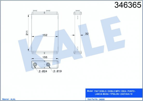 KALE 346365-KALORİFER RADYATÖRÜ DOBLO 01 PUNTO 01 IDEA 04 AC KLİMASIZ 209x159 0183831AB