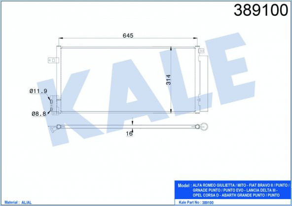 KALE 389100-KLİMA RADYATÖRÜ KONDENSER GRANDE PUNTO-BRAVO II-CORSA D-LINEA 1.3MTJ-1.7CDTI AL/