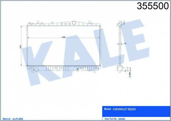 KALE 355500-SU RADYATÖRÜ CHEVROLET REZZO AL/PL/BRZ 374x698x16