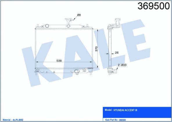 KALE 369500-SU RADYATÖRÜ ACCENT-ERA 1.5 CRDI AL/PL/BRZ MEK. 370x538x26