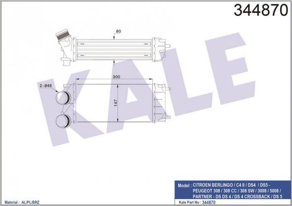 KALE 344870-TURBO RADYATÖRÜ INTERCOOLER P308-P3008-P5008-PARTNER TEPEE-C4-DS4-BERLINGO III 3