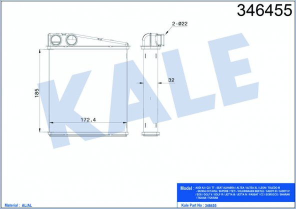 KALE 346455-KALORİFER RADYATÖRÜ BRAZİNG CADDY III-GOLF V-VI-JETTA III-OCTAVIA-TOURAN-ALTEA-L