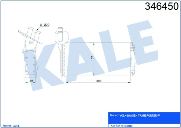 KALE KALORİFER RADYATÖRÜ VW TRANSPORTER T4 1.9D-TD-2.0D-2.4D-2.5D-TD ARKA 306x157x42